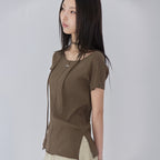 LONDONDADA Pleated Pendant Boat Neck Short Sleeve T-Shirt, BROWN