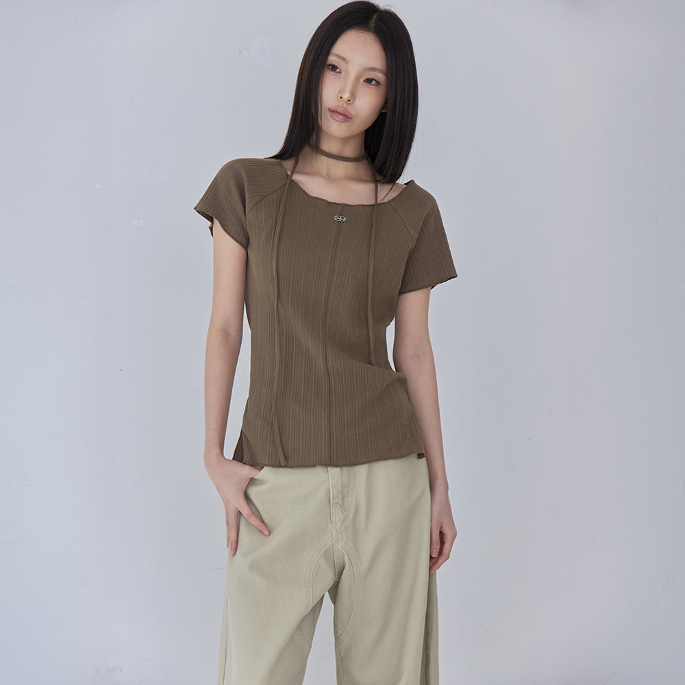 LONDONDADA Pleated Pendant Boat Neck Short Sleeve T-Shirt, BROWN