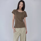 LONDONDADA Pleated Pendant Boat Neck Short Sleeve T-Shirt, BROWN