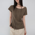 LONDONDADA Pleated Pendant Boat Neck Short Sleeve T-Shirt, BROWN