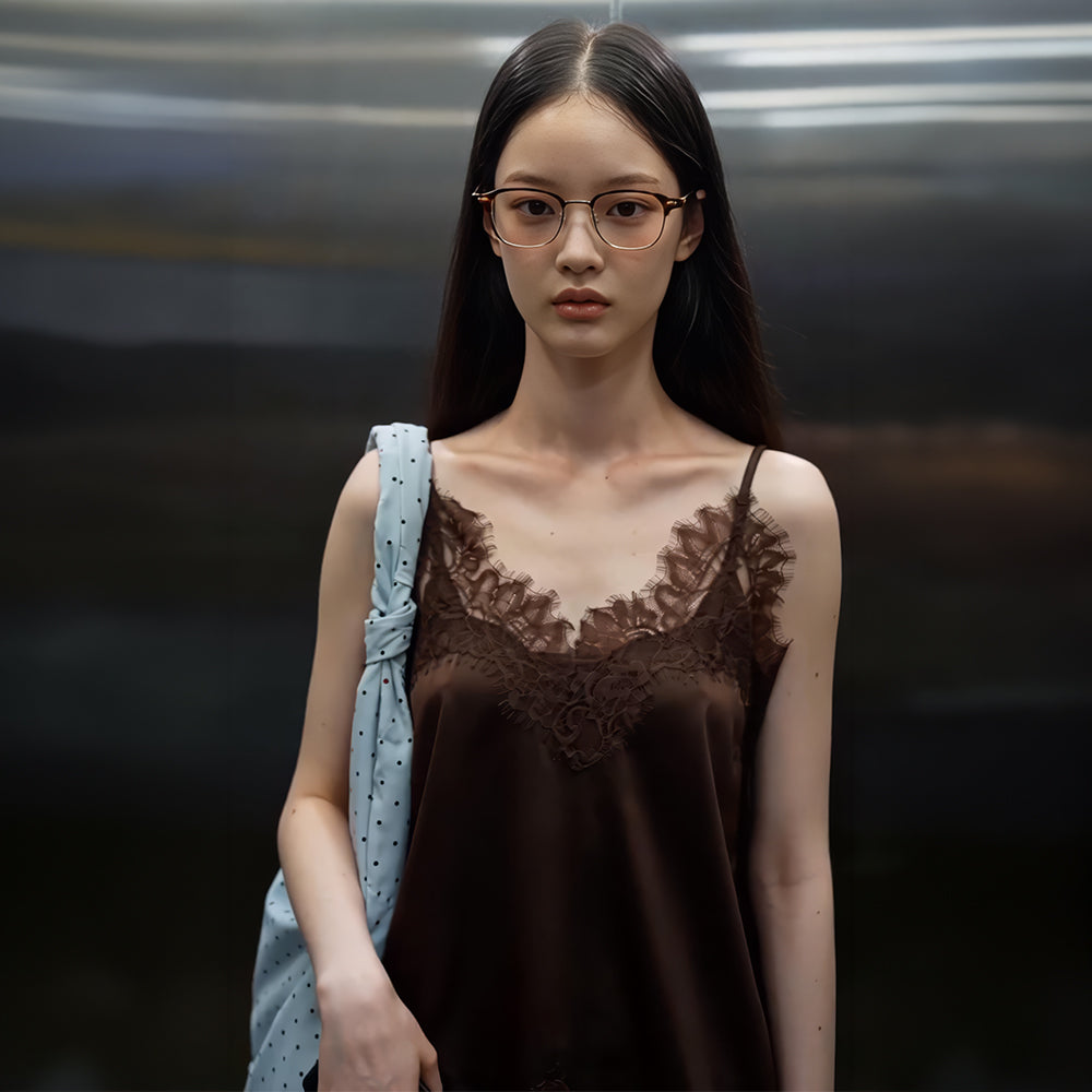 320showroom Lace Trim Satin Slip Top Brown