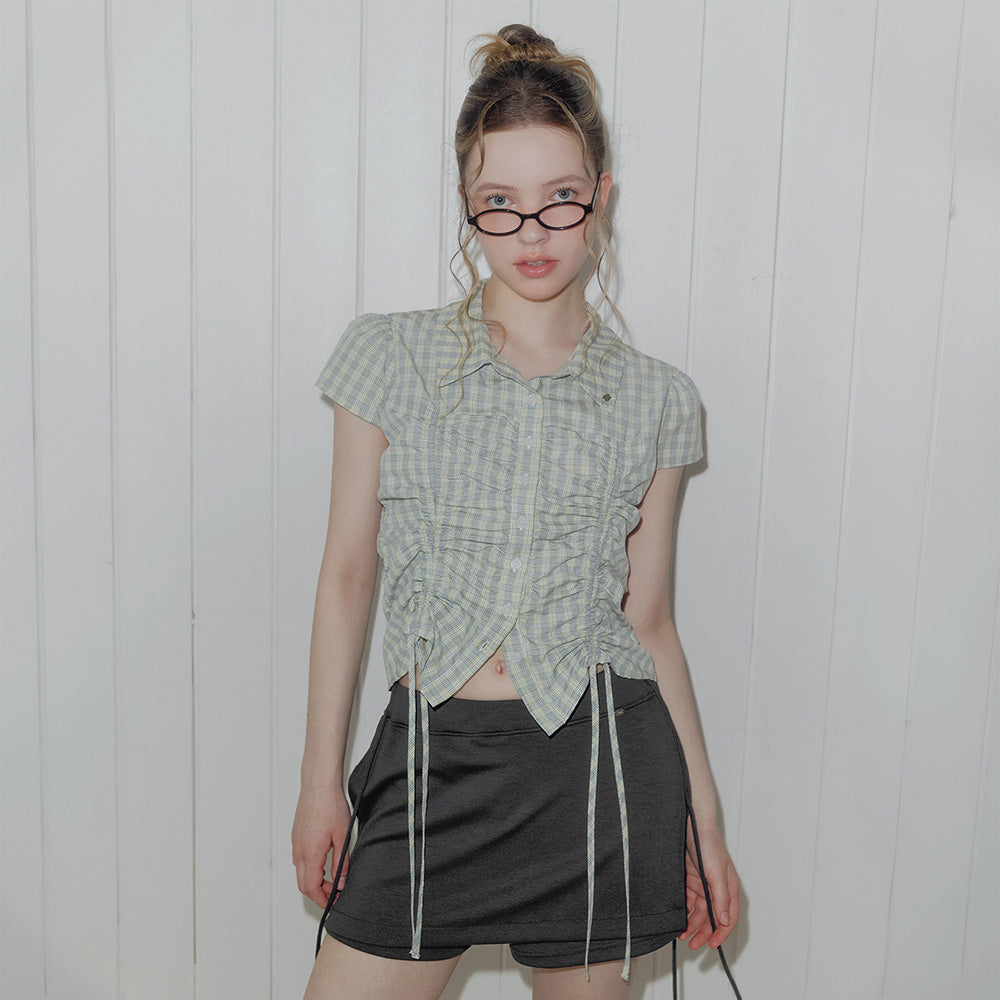 TWEE Bota check shirring collar short sleeve blouse