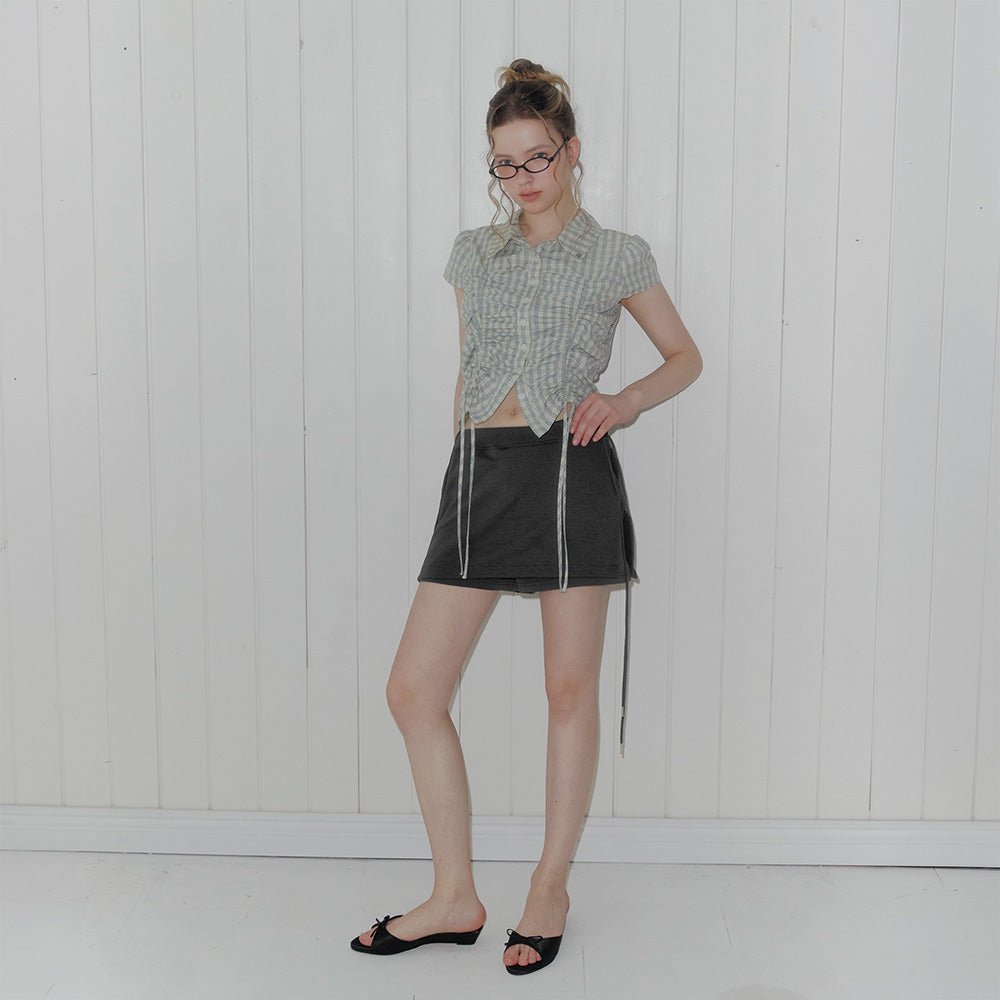 TWEE Bota check shirring collar short sleeve blouse