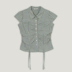 TWEE Bota check shirring collar short sleeve blouse