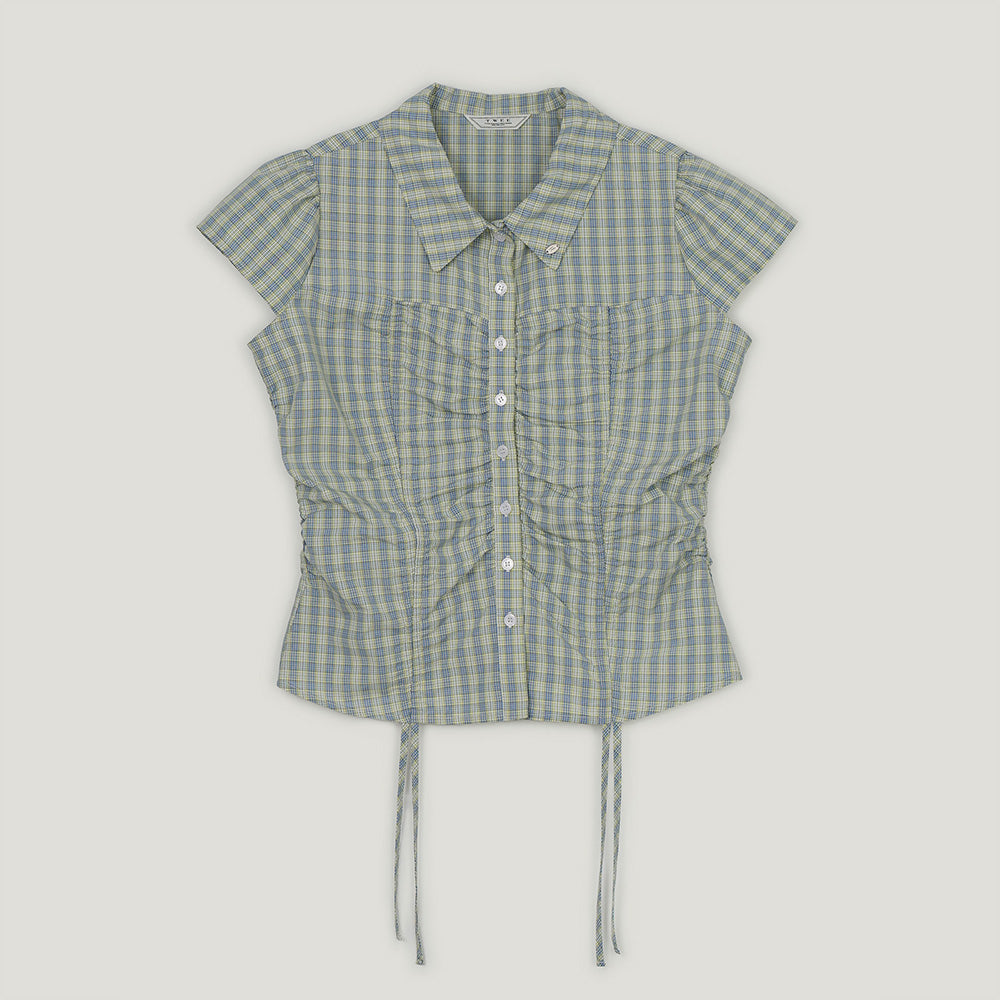 TWEE Bota check shirring collar short sleeve blouse