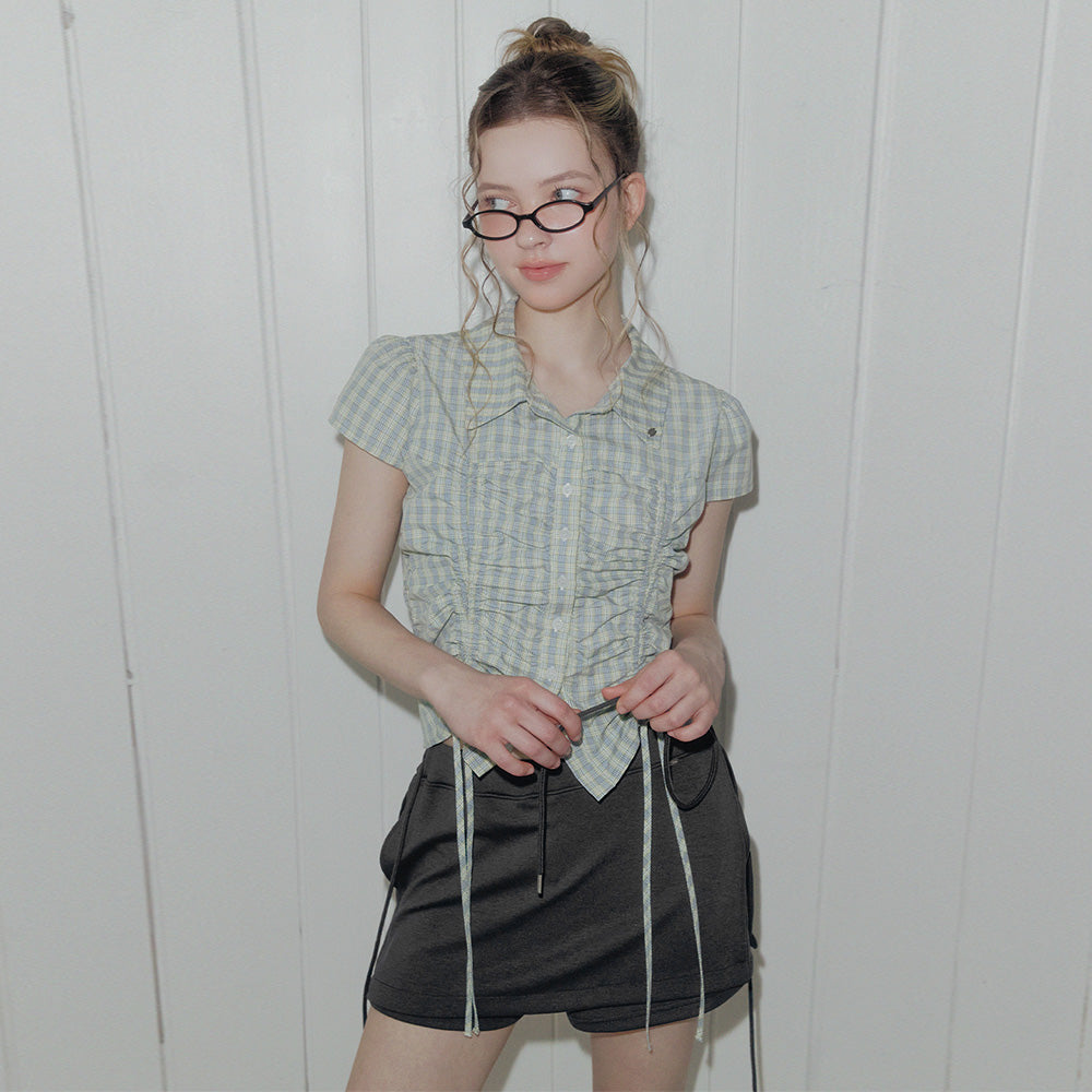 TWEE Bota check shirring collar short sleeve blouse