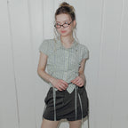 TWEE Bota check shirring collar short sleeve blouse
