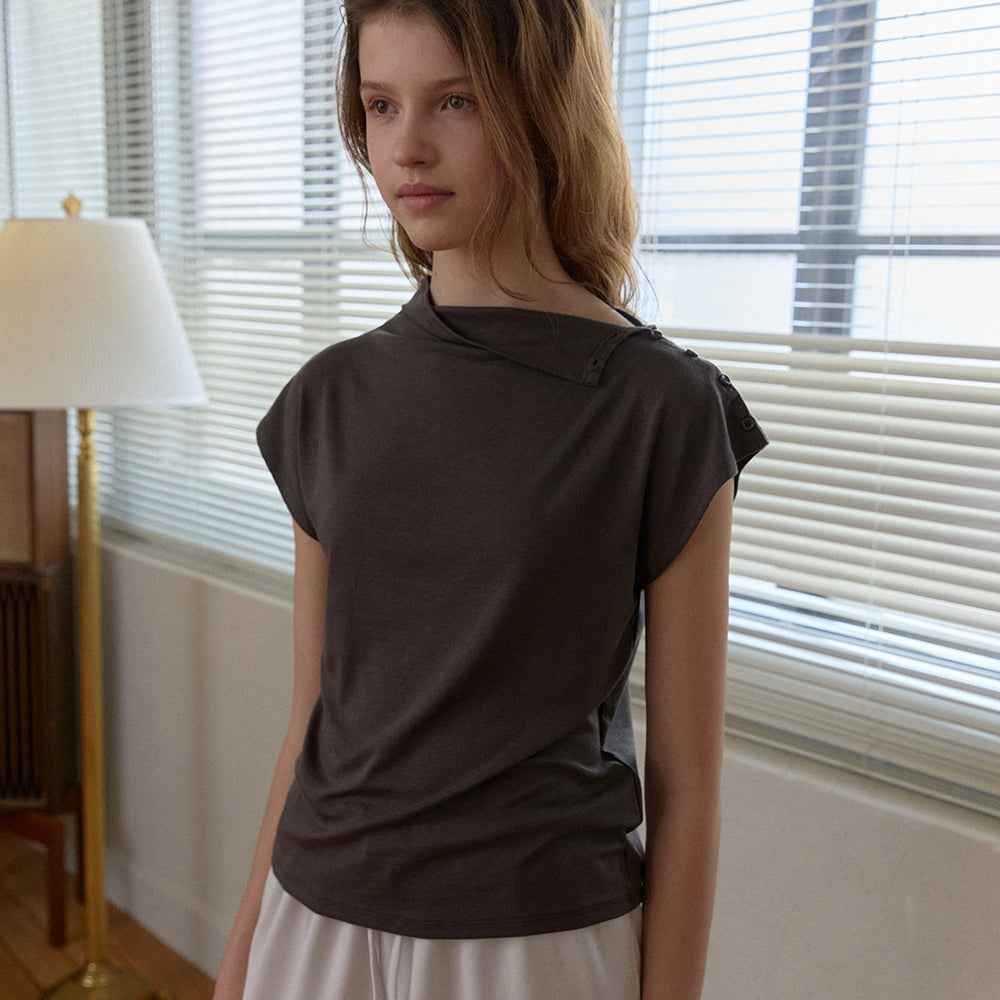 PIVER Neckline side button top_khaki brown