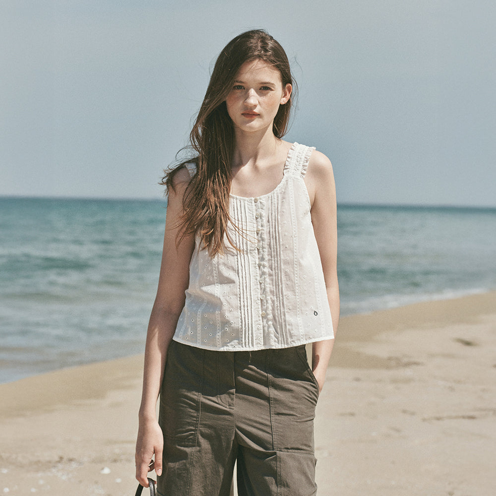 OSTKAKA Eyelet Pintuck Sleeveless Blouse Ivory