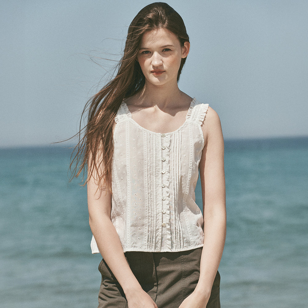 OSTKAKA Eyelet Pintuck Sleeveless Blouse Ivory