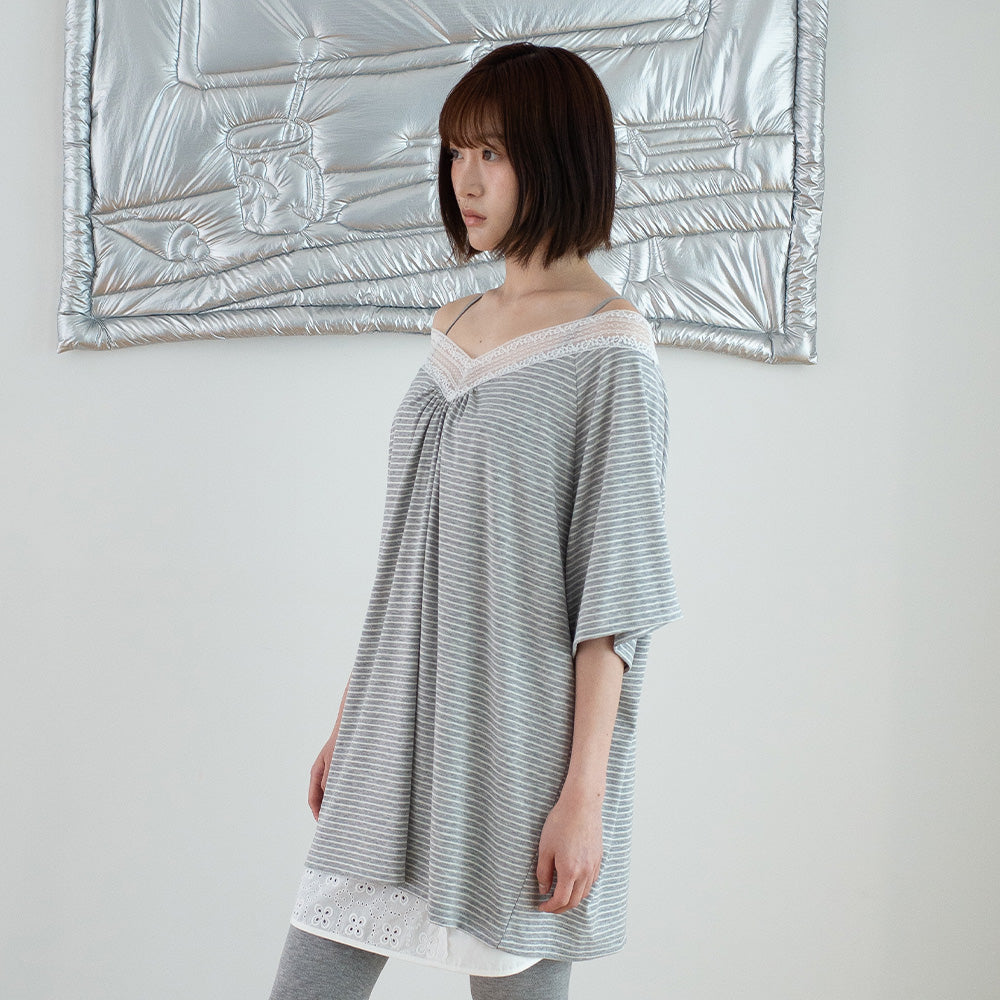 FUN FROM FUN Lace v-neck Half Sleeve, Grey