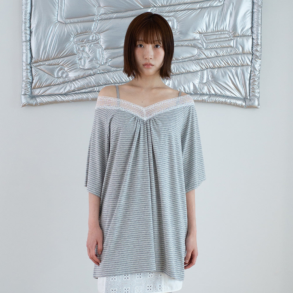 FUN FROM FUN Lace v-neck Half Sleeve, Grey
