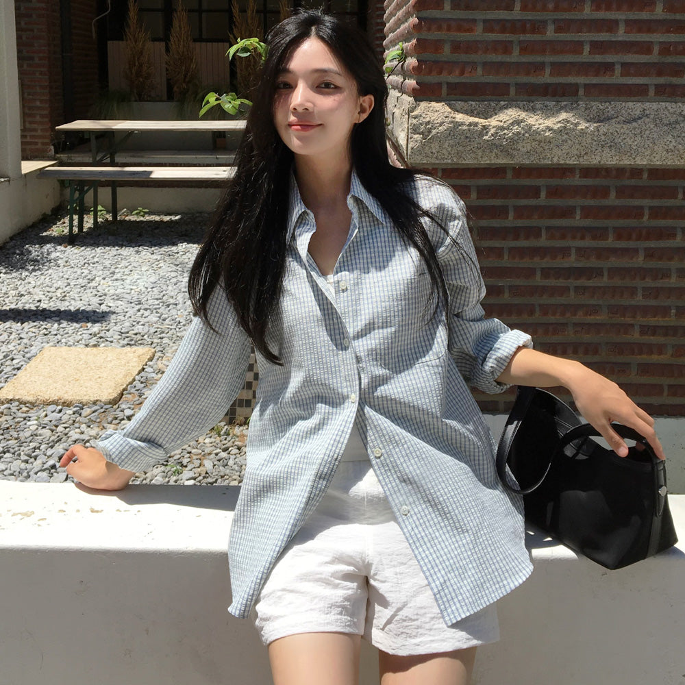 Siyazu SITP5197 Loose fit seersucker check shirt_Blue