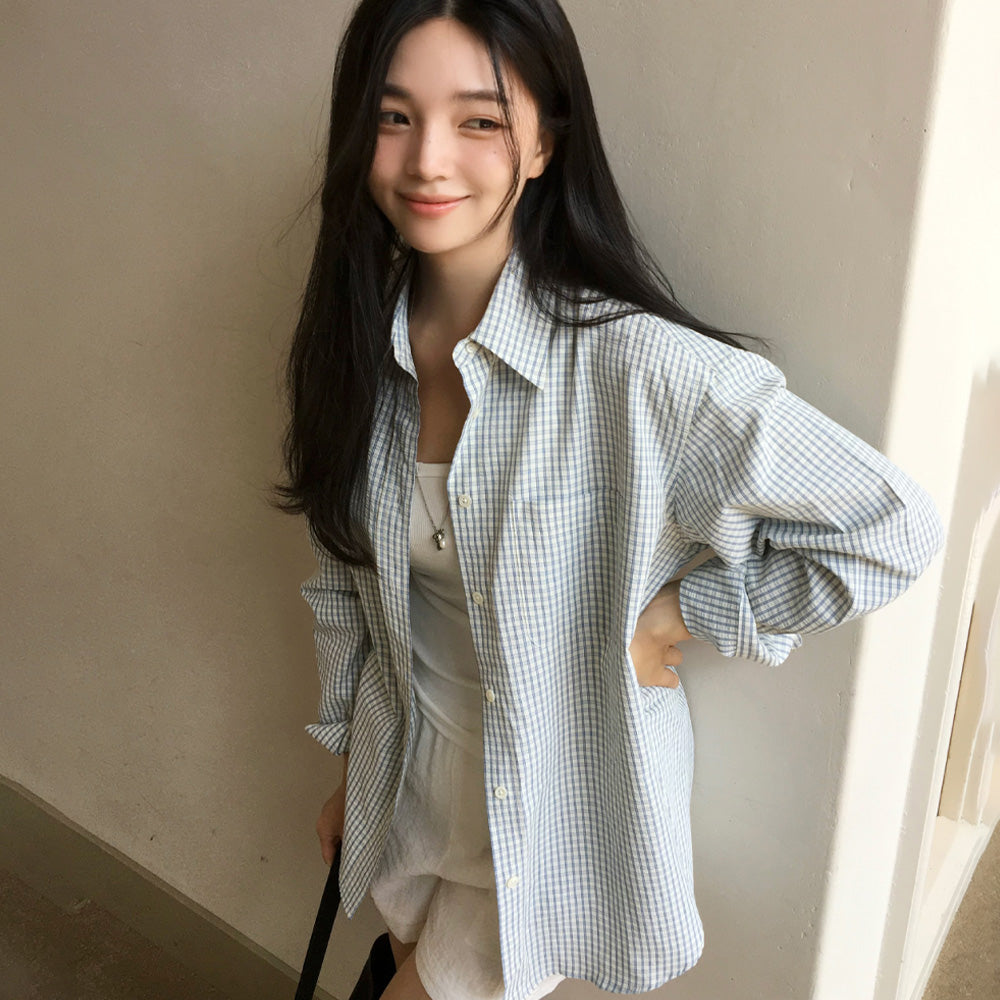 Siyazu SITP5197 Loose fit seersucker check shirt_Blue