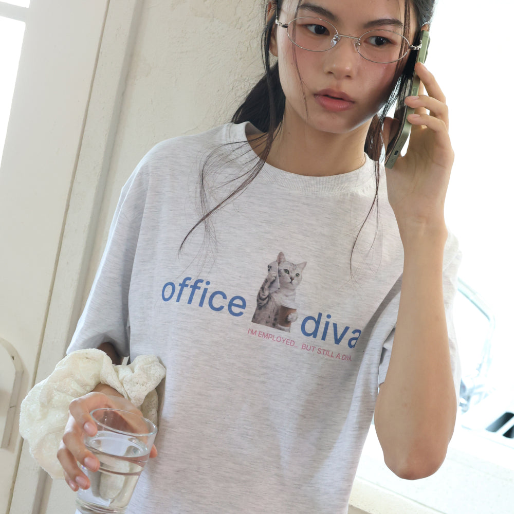 POEV Office Diva Cat T-Shirt - White Melange