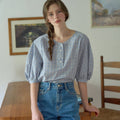NILBY P Volume-sleeve henley neck blouse Blue/CHK [N6MBL06]