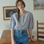 NILBY P Volume-sleeve henley neck blouse Blue/CHK [N6MBL06]