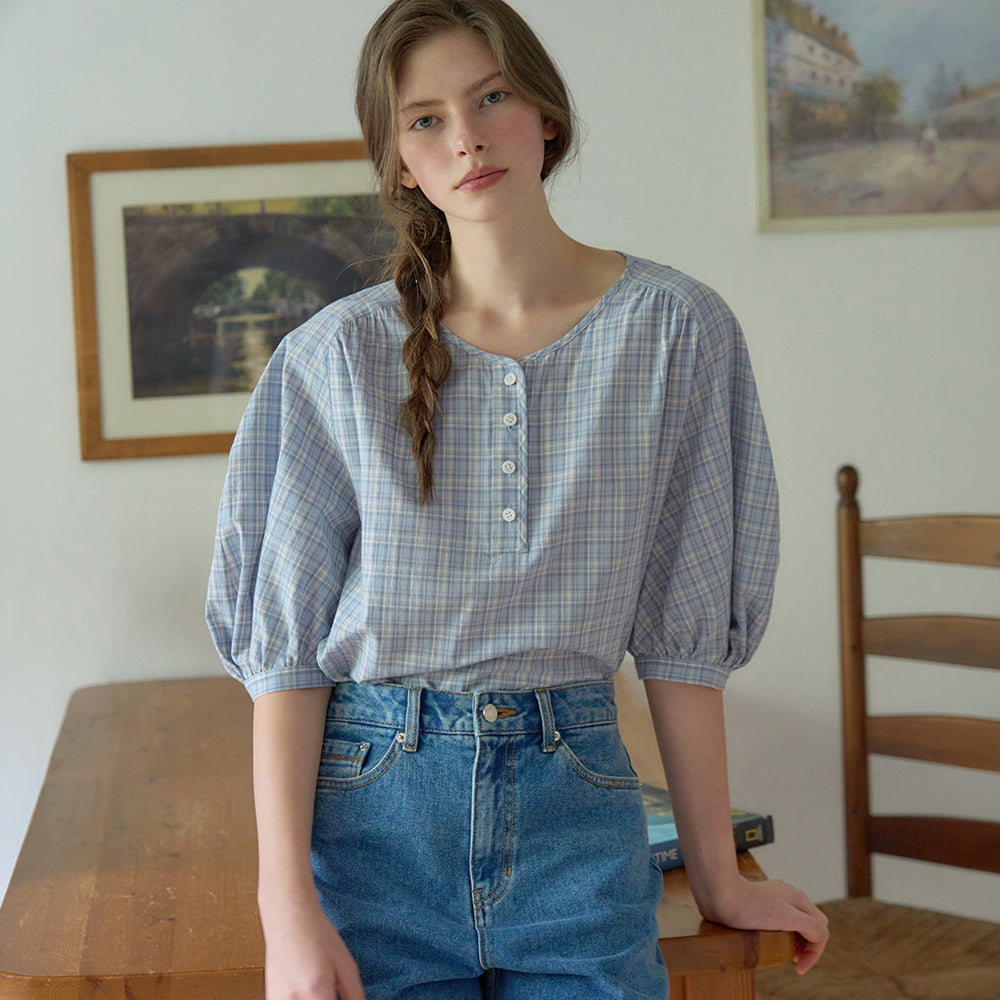 NILBY P Volume-sleeve henley neck blouse Blue/CHK [N6MBL06]