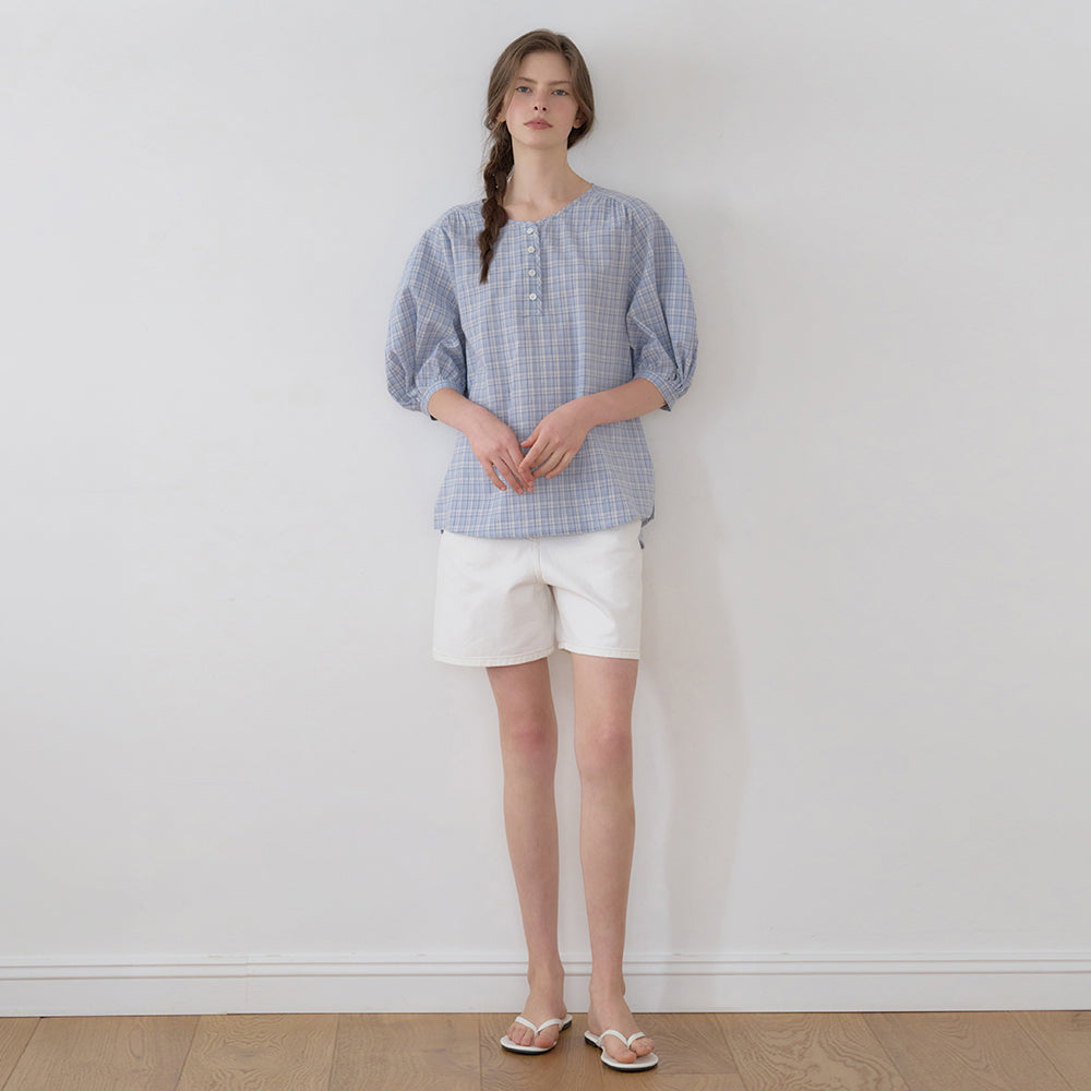 NILBY P Volume-sleeve henley neck blouse Blue/CHK [N6MBL06]