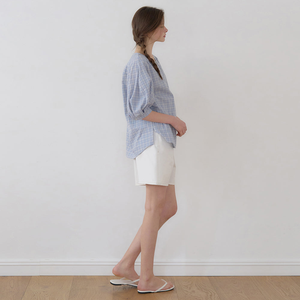 NILBY P Volume-sleeve henley neck blouse Blue/CHK [N6MBL06]