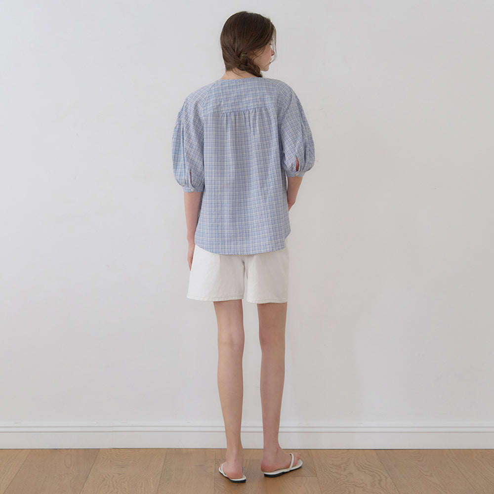 NILBY P Volume-sleeve henley neck blouse Blue/CHK [N6MBL06]