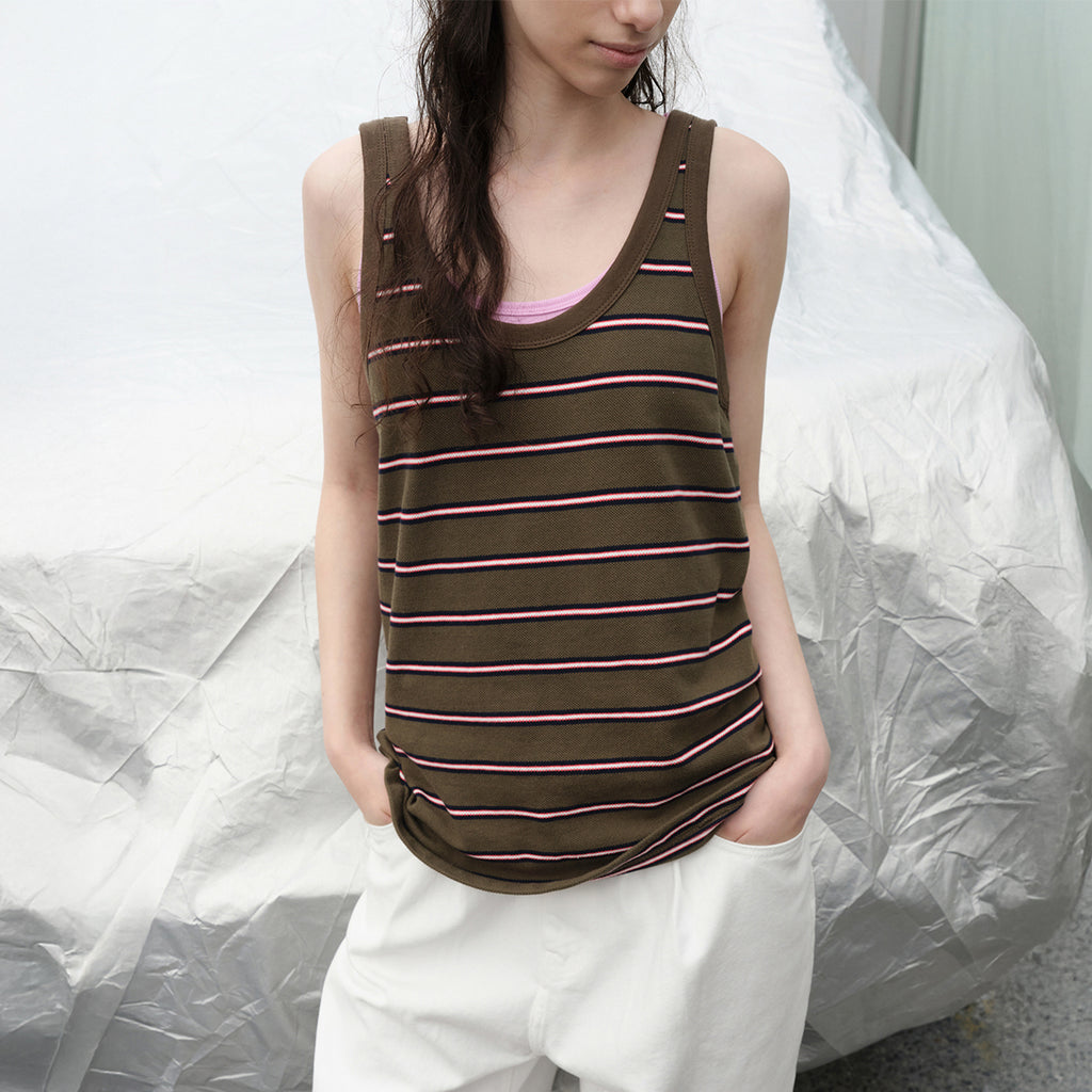 LEVAR Low Back Stripe PK Sleeveless Top - Khaki Stripe