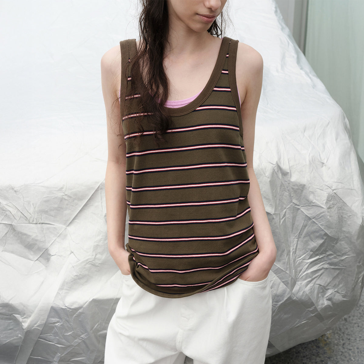 LEVAR Low Back Stripe PK Sleeveless Top - Khaki Stripe