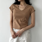 CURETTY C 90S LINE SLIT NECK HALF-SLEEVE T-SHIRT_CAMEL
