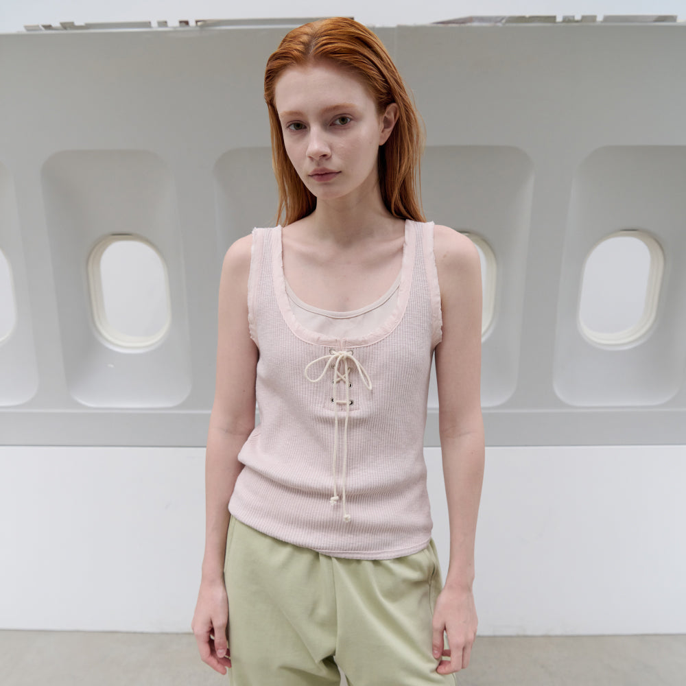 TOAVE Lace-Up Ribbed Sleeveless T-Shirt (Pink)