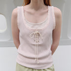 TOAVE Lace-Up Ribbed Sleeveless T-Shirt (Pink)