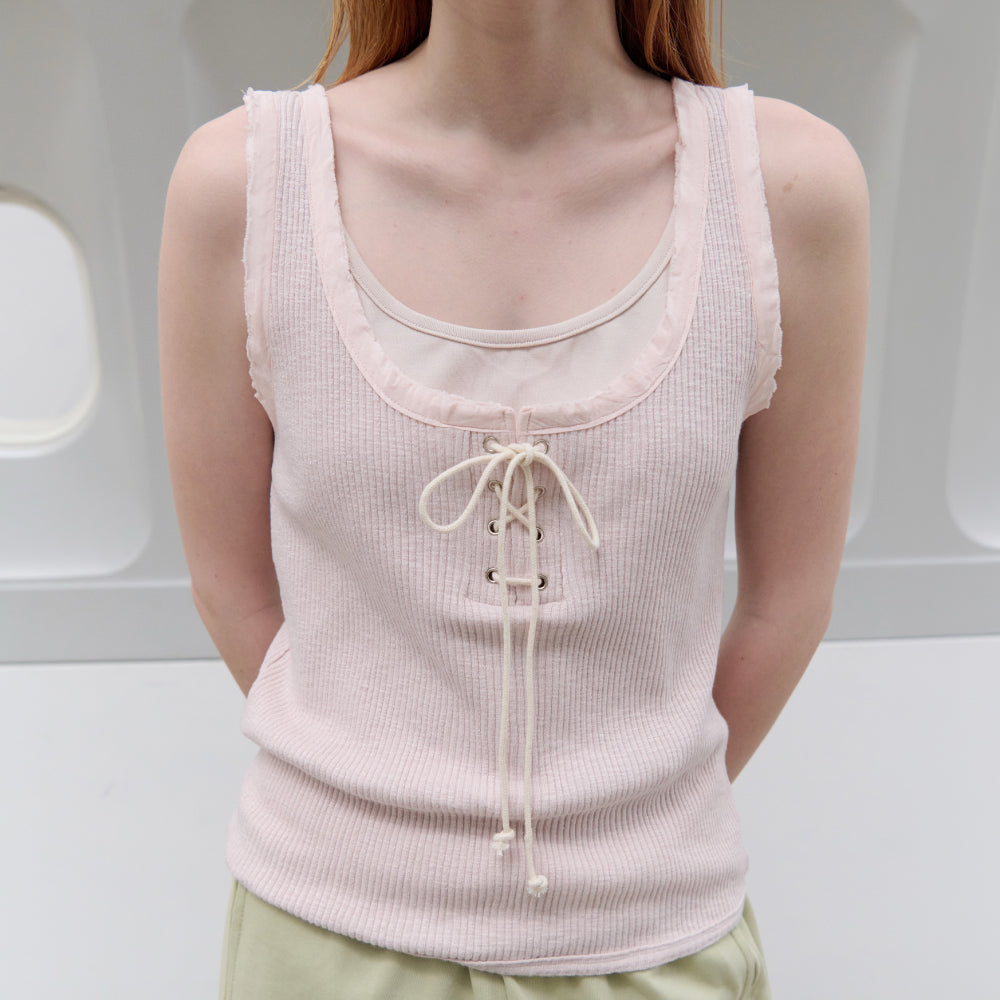 TOAVE Lace-Up Ribbed Sleeveless T-Shirt (Pink)