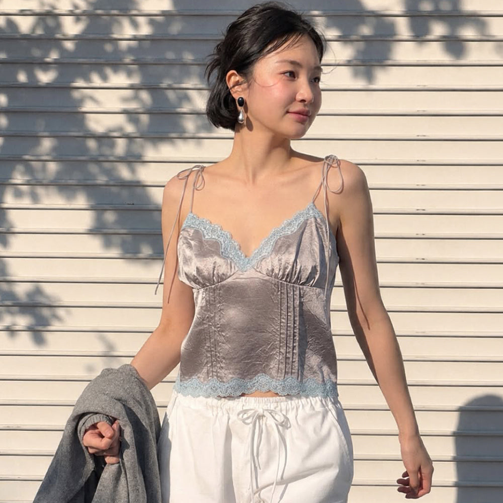 SINOON Satin Lace Sleeveless Blouse (Light Grey)