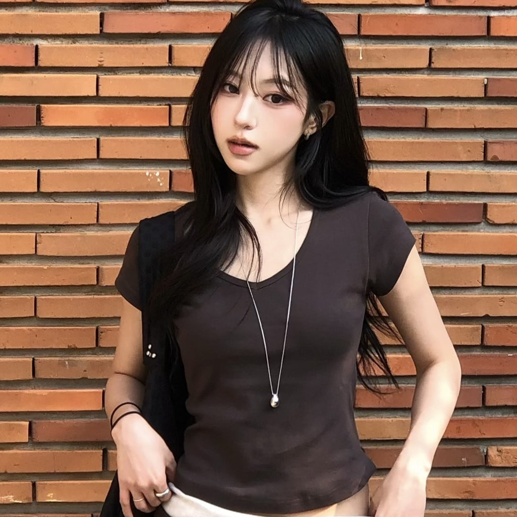 CURETTY C 90S LINE V-NECK HALF-SLEEVE T-SHIRT_BROWN