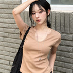 CURETTY C 90S LINE SLIT NECK HALF-SLEEVE T-SHIRT_CAMEL