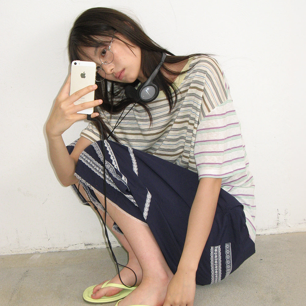 RONRON MIX STRIPE CONTRAST OVER FIT T SHIRT BROWN BLUE