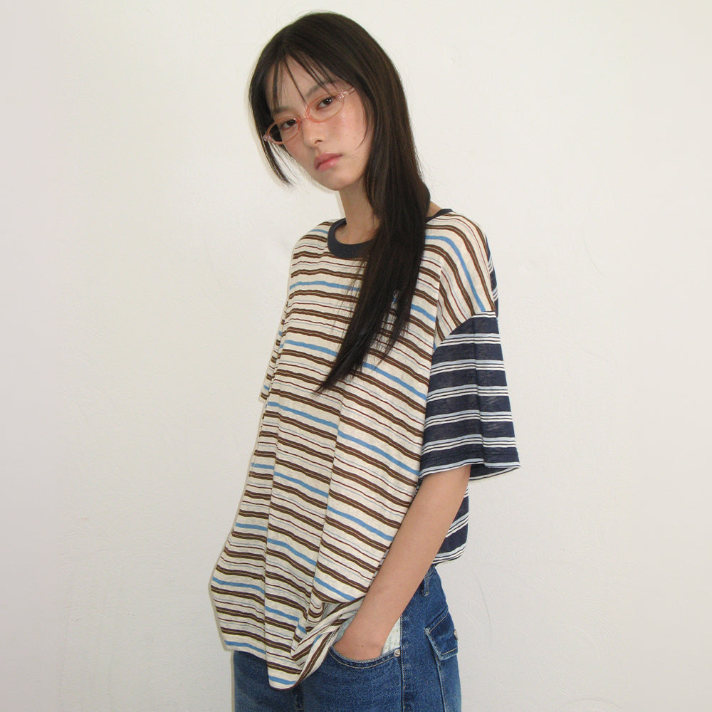 RONRON MIX STRIPE CONTRAST OVER FIT T SHIRT CHARCOAL BROWN