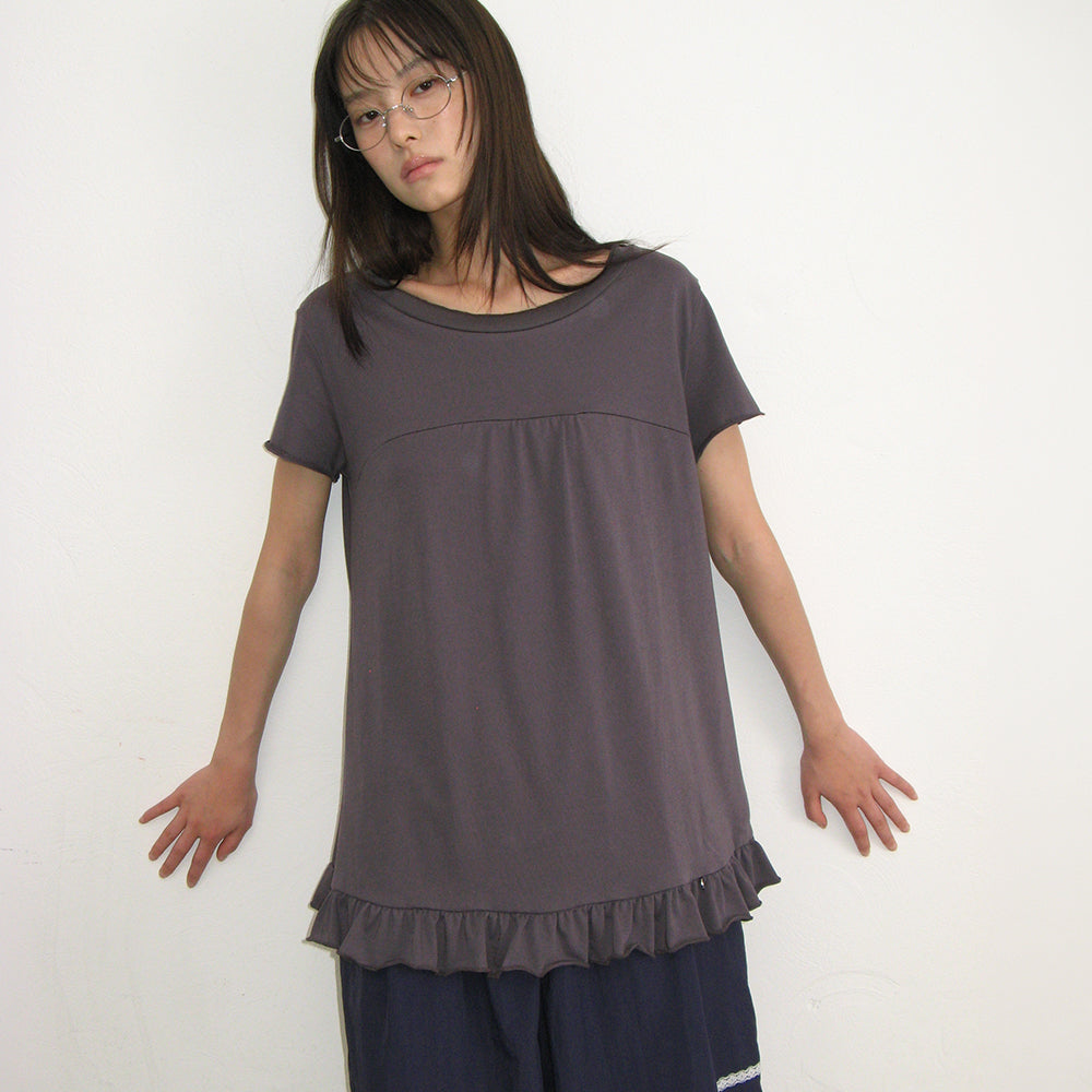 RONRON STRING SHIRRING RUFFLE T SHIRT CHARCOAL