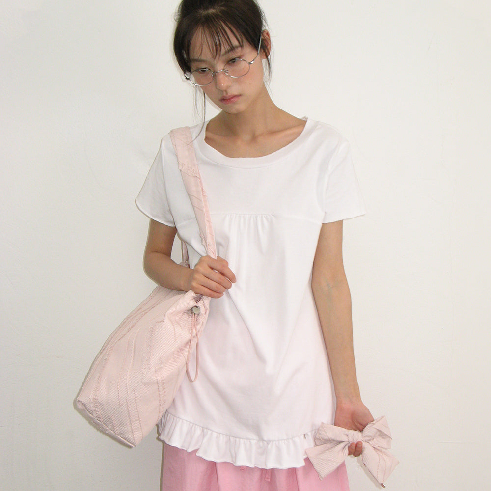 RONRON STRING SHIRRING RUFFLE T SHIRT WHITE