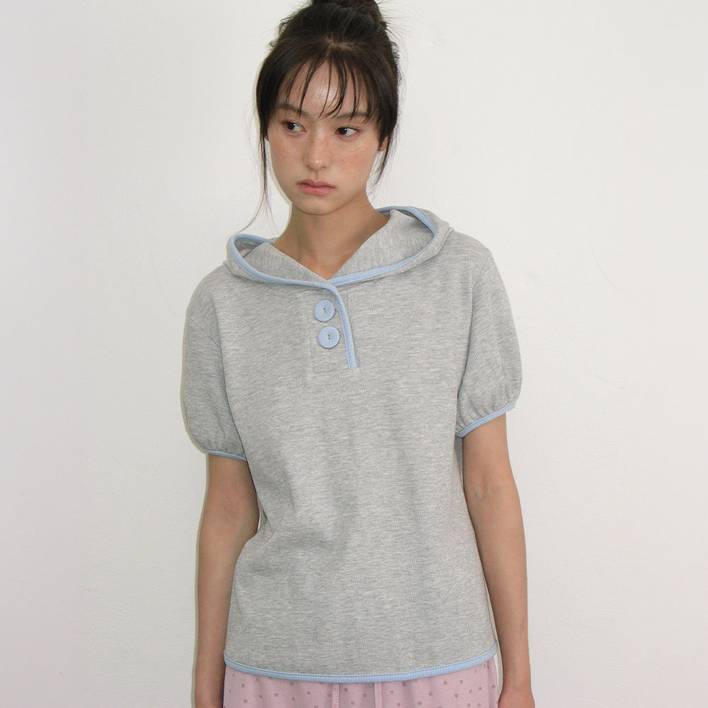 RONRON WAFFLE BUTTON HALF SLEEVE HOODIE GREY