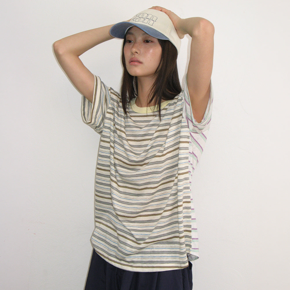 RONRON MIX STRIPE CONTRAST OVER FIT T SHIRT BROWN BLUE