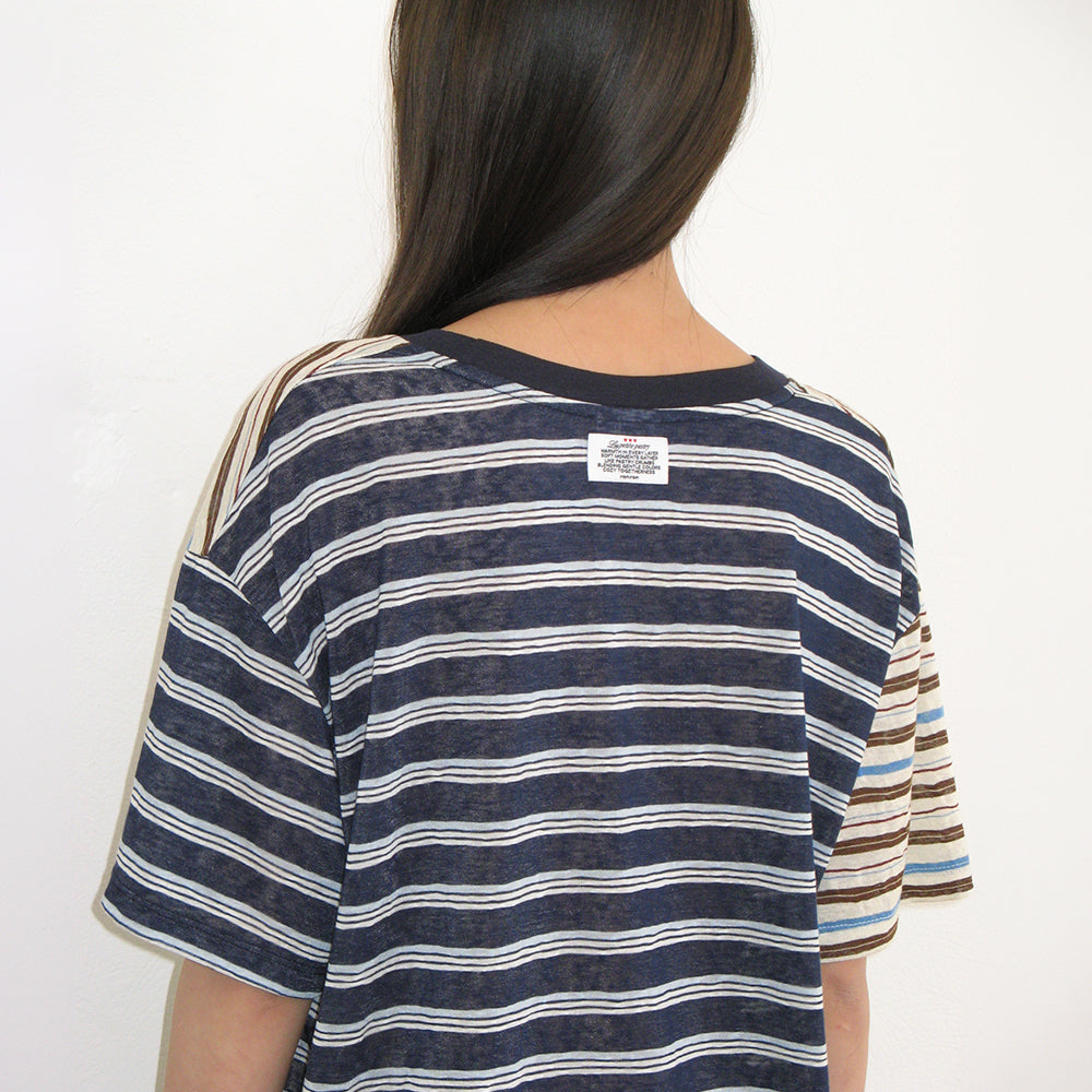 RONRON MIX STRIPE CONTRAST OVER FIT T SHIRT CHARCOAL BROWN