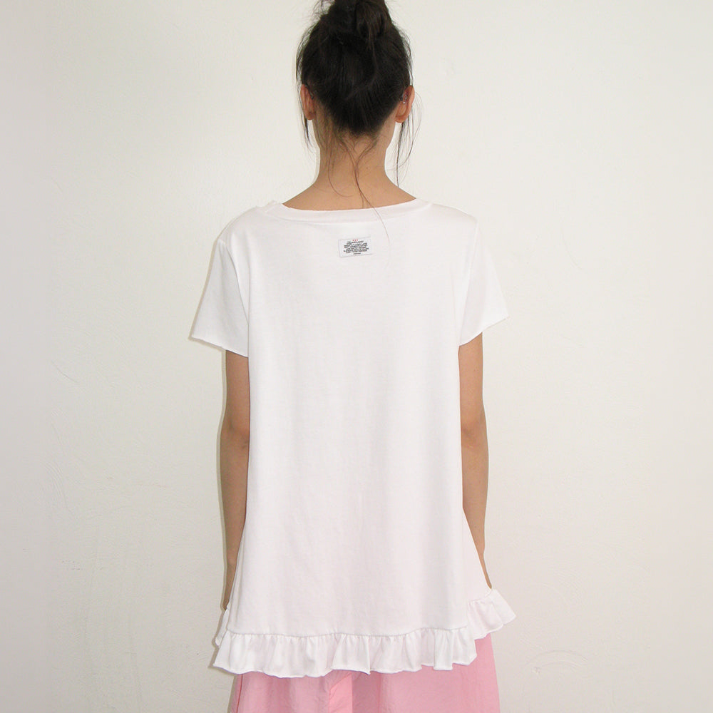 RONRON STRING SHIRRING RUFFLE T SHIRT WHITE