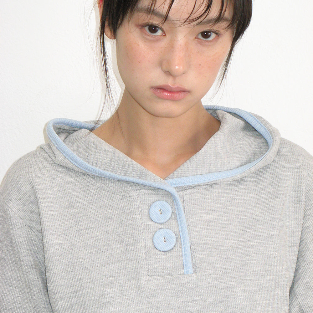 RONRON WAFFLE BUTTON HALF SLEEVE HOODIE GREY