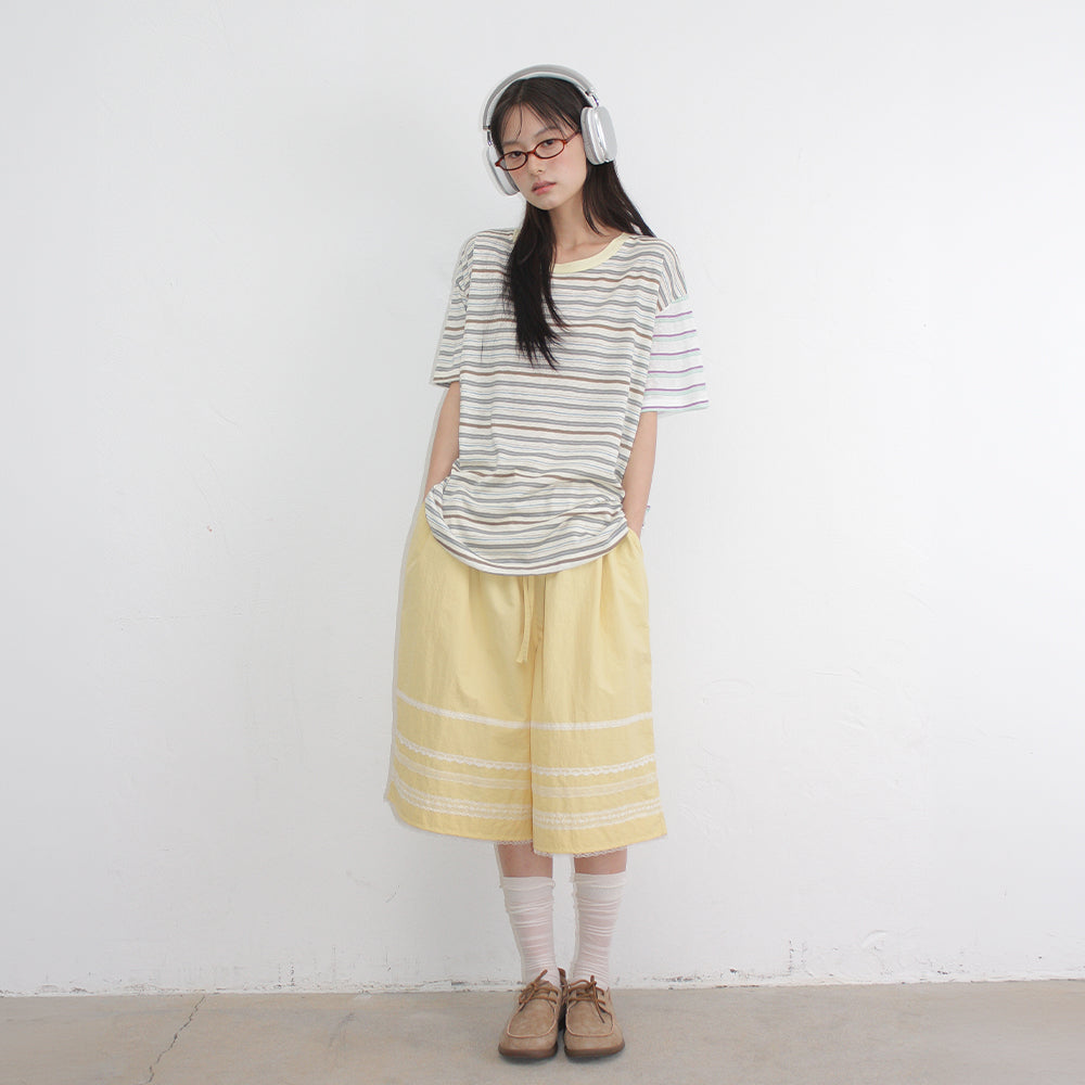 RONRON MIX STRIPE CONTRAST OVER FIT T SHIRT BROWN BLUE