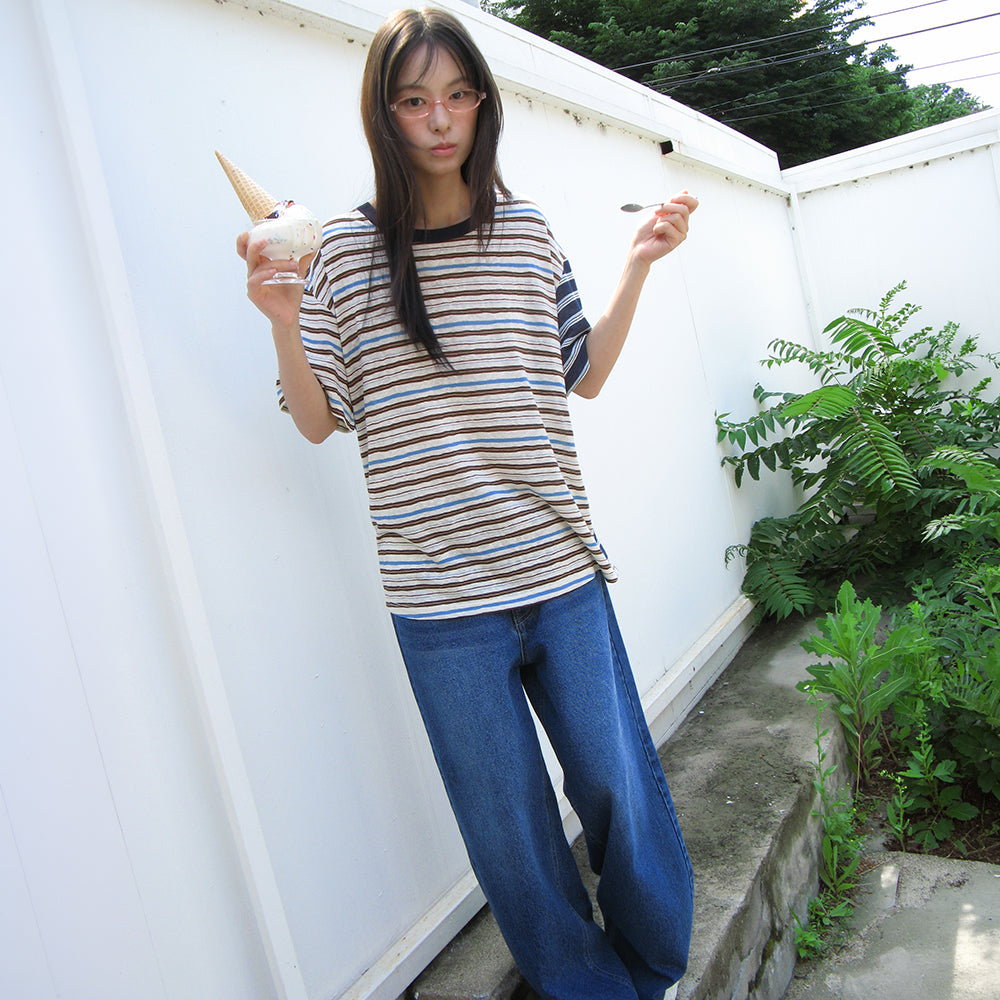 RONRON MIX STRIPE CONTRAST OVER FIT T SHIRT CHARCOAL BROWN