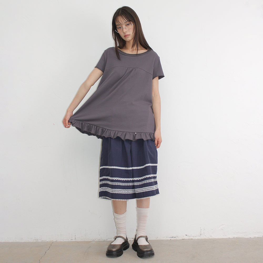 RONRON STRING SHIRRING RUFFLE T SHIRT CHARCOAL