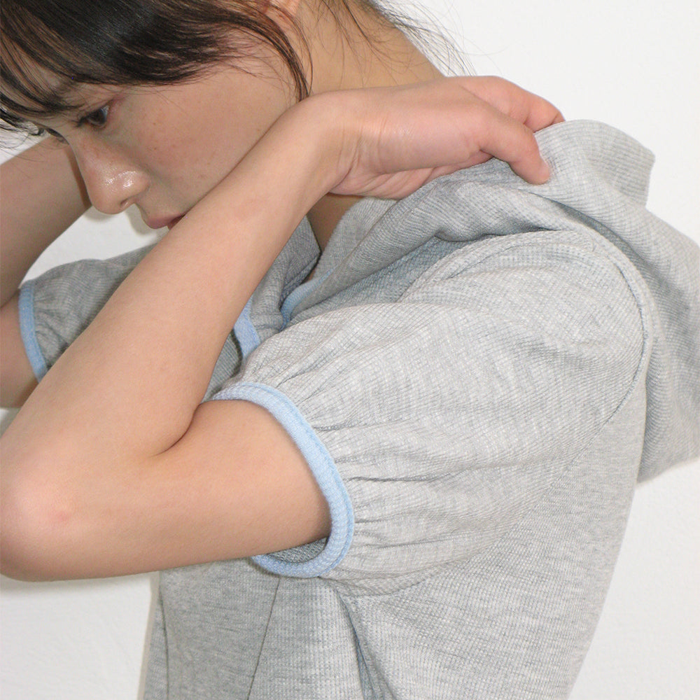RONRON WAFFLE BUTTON HALF SLEEVE HOODIE GREY