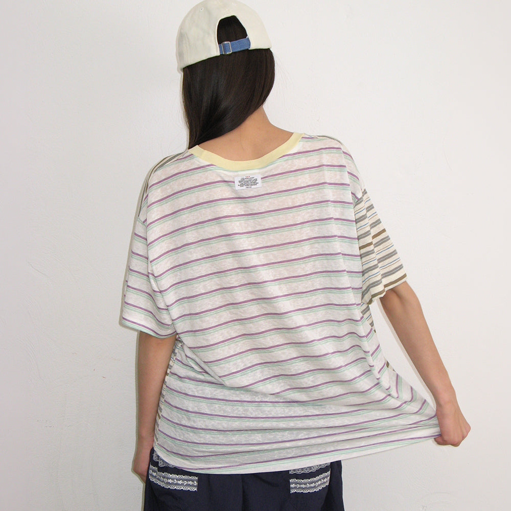 RONRON MIX STRIPE CONTRAST OVER FIT T SHIRT BROWN BLUE
