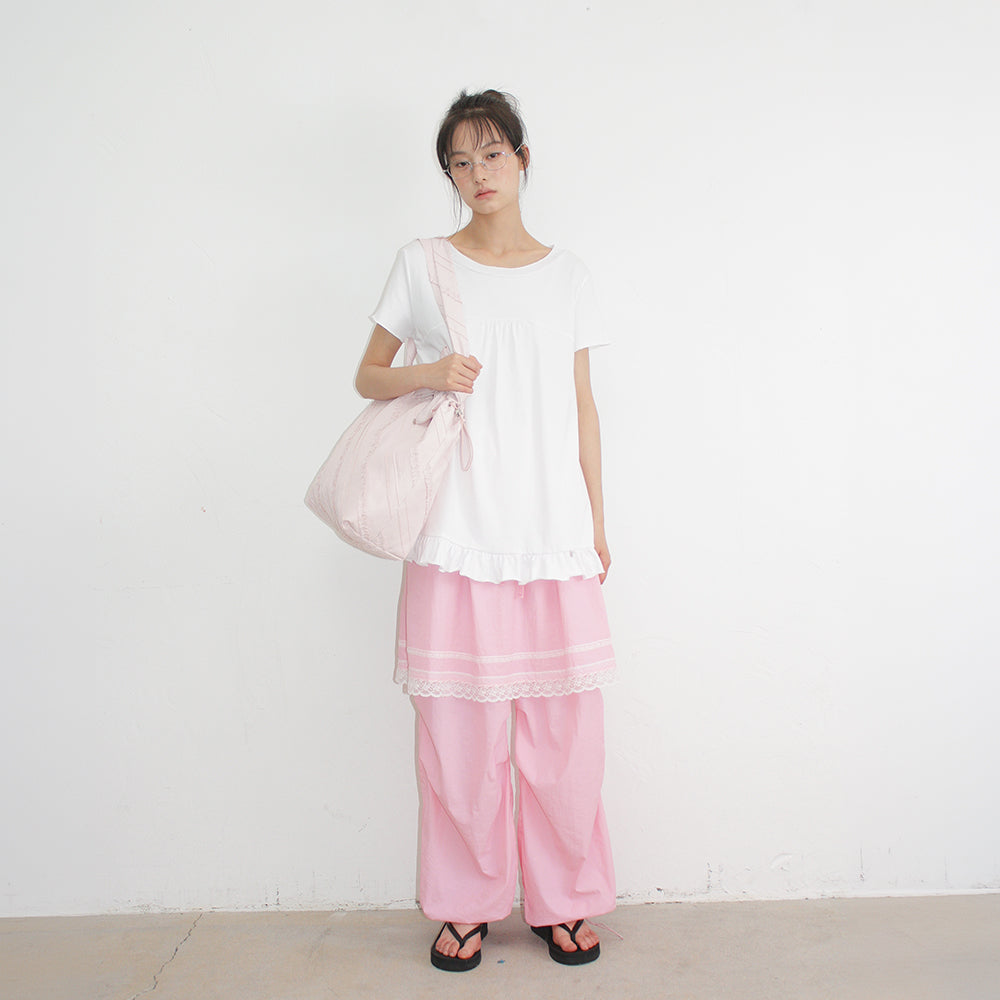 RONRON STRING SHIRRING RUFFLE T SHIRT WHITE