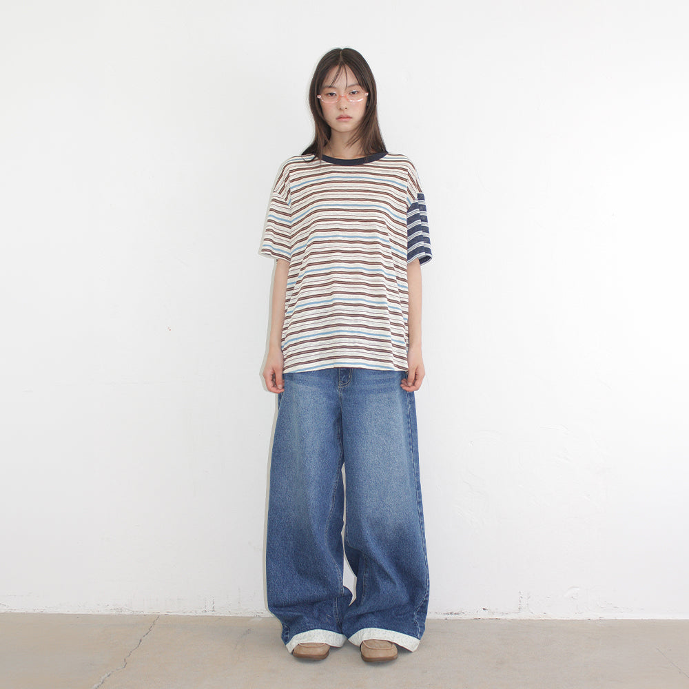 RONRON MIX STRIPE CONTRAST OVER FIT T SHIRT CHARCOAL BROWN